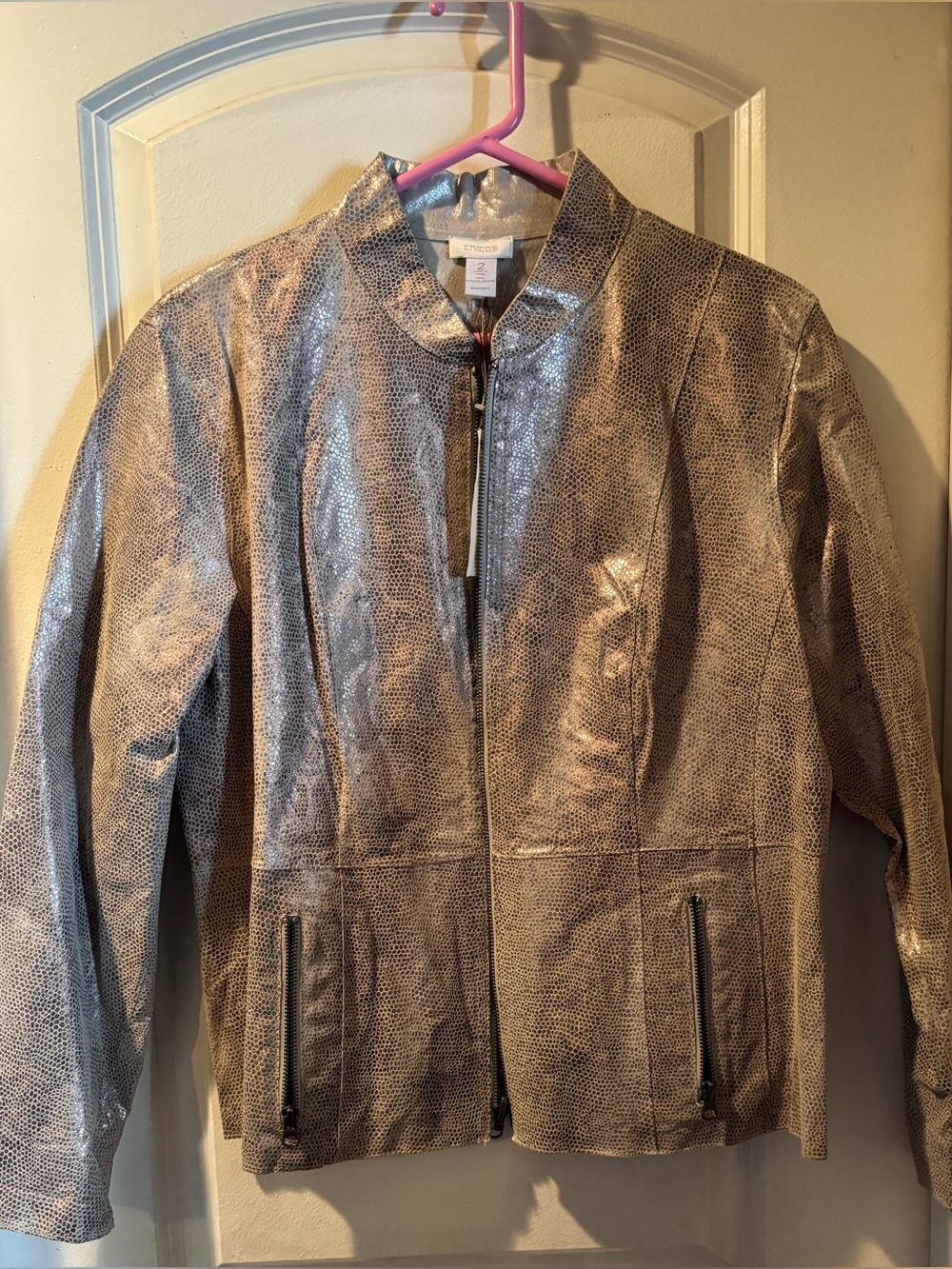 Chico’s Leather Metallic Reversible Light Pink and Silver Size 2 NWT